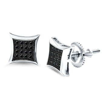 Square Hip Hop Iced Out Screwback Stud Earrings Simulated Black CZ 925 Sterling Silver